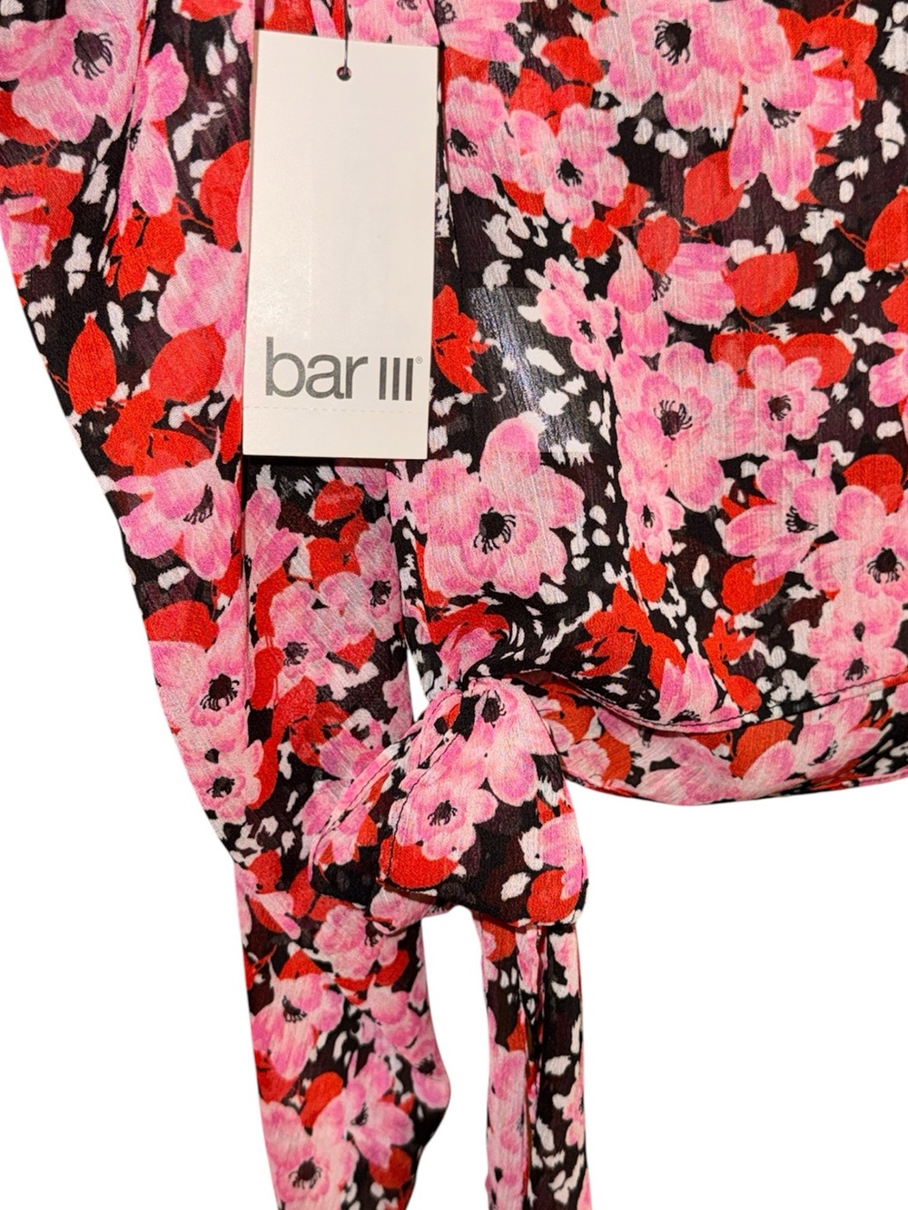 Bar III Pink & Red Floral V-Neck Puff Long Sleeve Blouse Size Medium - Picture 6 of 8